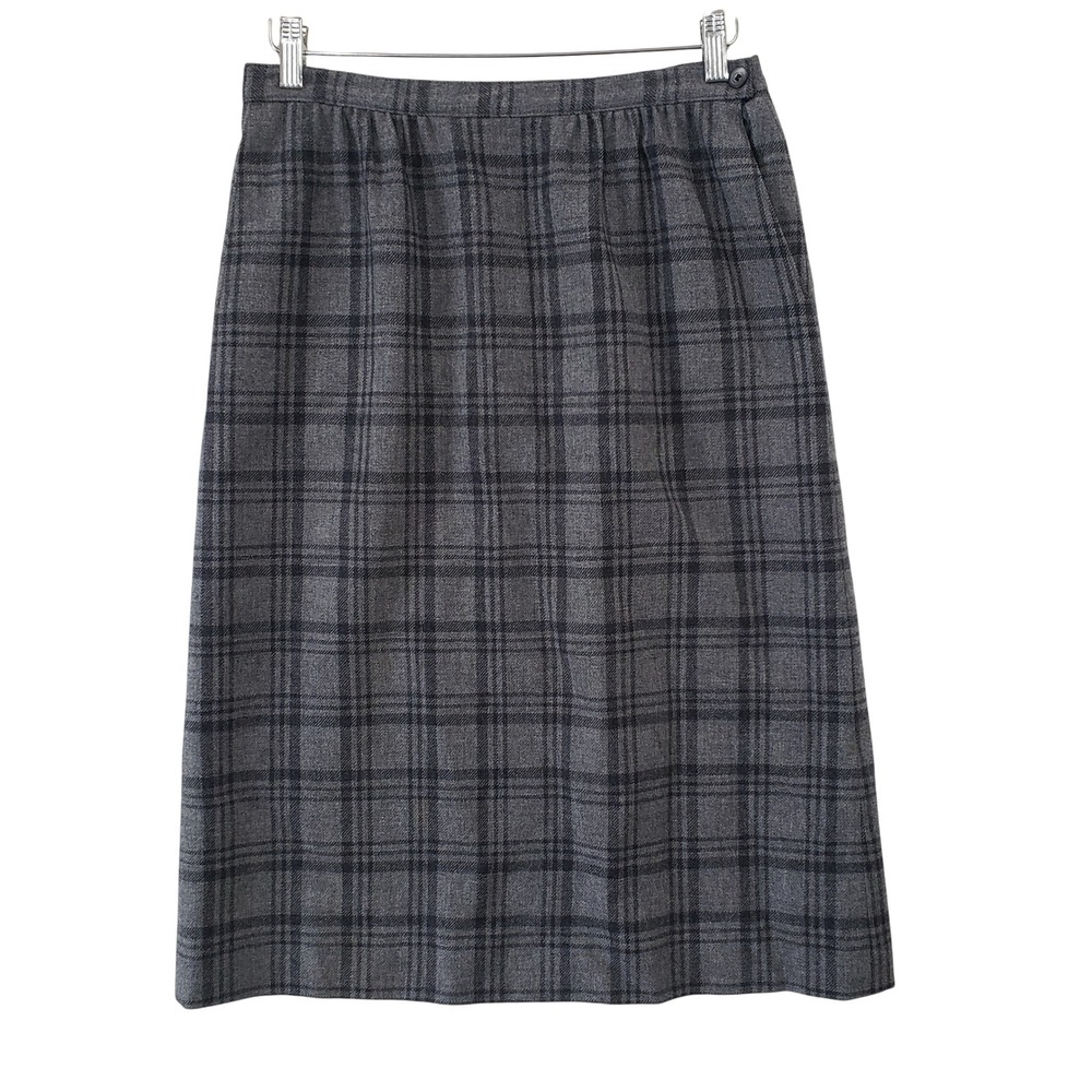 Pendleton Vintage 80s Grey Plaid Wool Midi Skirt Side Button Made in USA Size 10